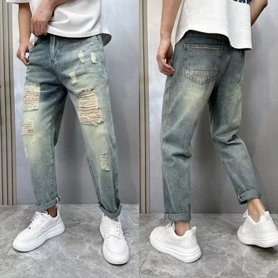 2025Heavy Duty Washed and Scraped Denim Men's Trendy High-end Embroidered Printed Loose Tapered Straight Leg Jeans