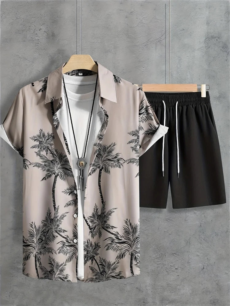 Men's Fashion Short-sleeved Shirt Set, Retro Black Pattern Printed Hawaiian Beach Vacation Style Men's Shirt Set