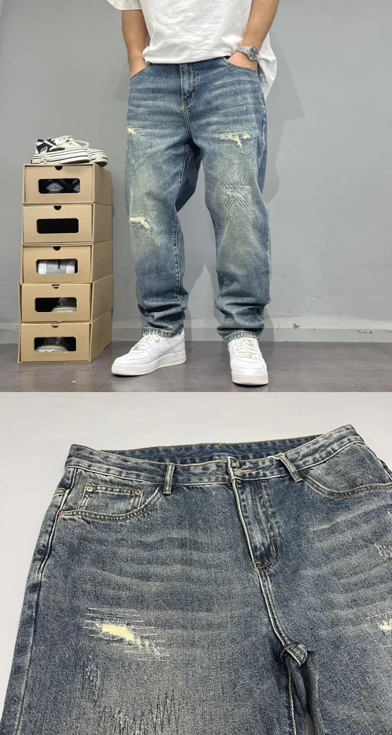2025Heavy Duty Washed and Scraped Denim Men's Trendy High-end Embroidered Printed Loose Tapered Straight Leg Jeans