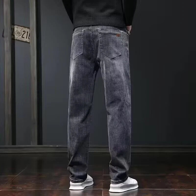 2025 New Men Fashion Loose Straight Elasticity Jeans Male Wear-resistant Slim Fit Denim Pants Smart Casual Dark Gray Trousers