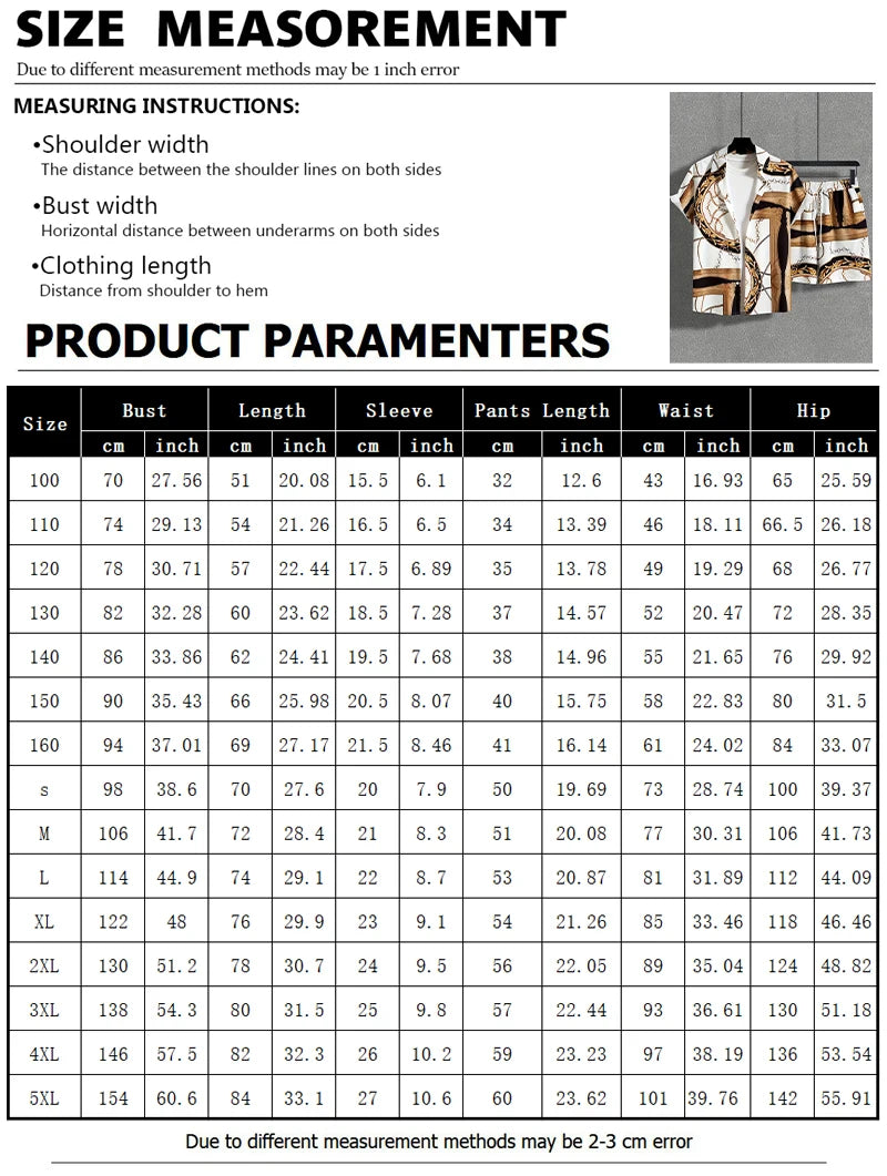 Men's Fashion Short-sleeved Shirt Set, Retro Black Pattern Printed Hawaiian Beach Vacation Style Men's Shirt Set