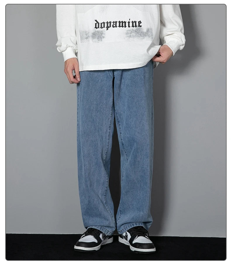 2025 New Korean Men's Casual Long Jeans Classic Man Straight Denim Wide-leg Pants Solid Color Light Blue Grey Black