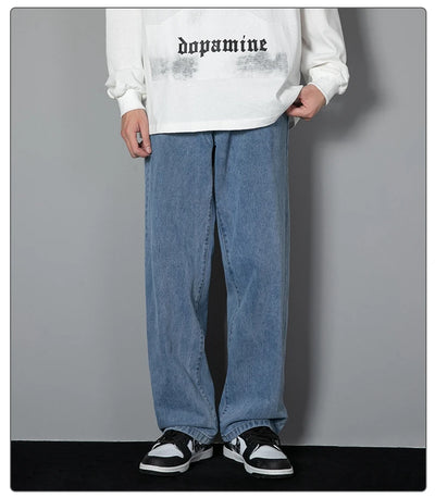 2025 New Korean Men's Casual Long Jeans Classic Man Straight Denim Wide-leg Pants Solid Color Light Blue Grey Black