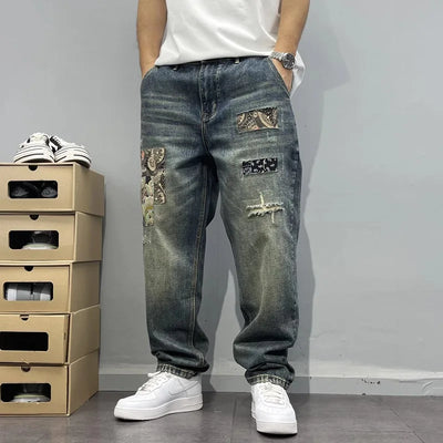 2025Heavy Duty Washed and Scraped Denim Men's Trendy High-end Embroidered Printed Loose Tapered Straight Leg Jeans