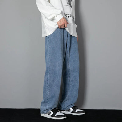 2025 New Korean Men's Casual Long Jeans Classic Man Straight Denim Wide-leg Pants Solid Color Light Blue Grey Black