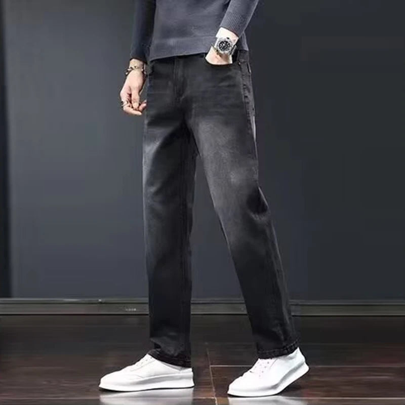 2025 New Men Fashion Loose Straight Elasticity Jeans Male Wear-resistant Slim Fit Denim Pants Smart Casual Dark Gray Trousers
