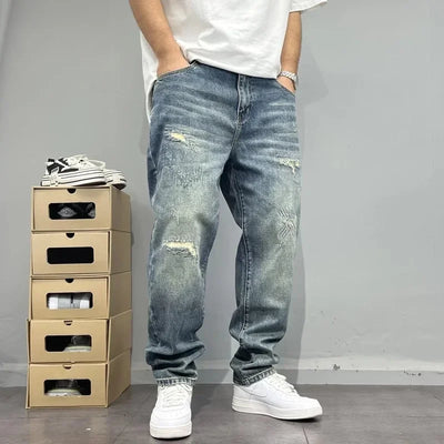 2025Heavy Duty Washed and Scraped Denim Men's Trendy High-end Embroidered Printed Loose Tapered Straight Leg Jeans