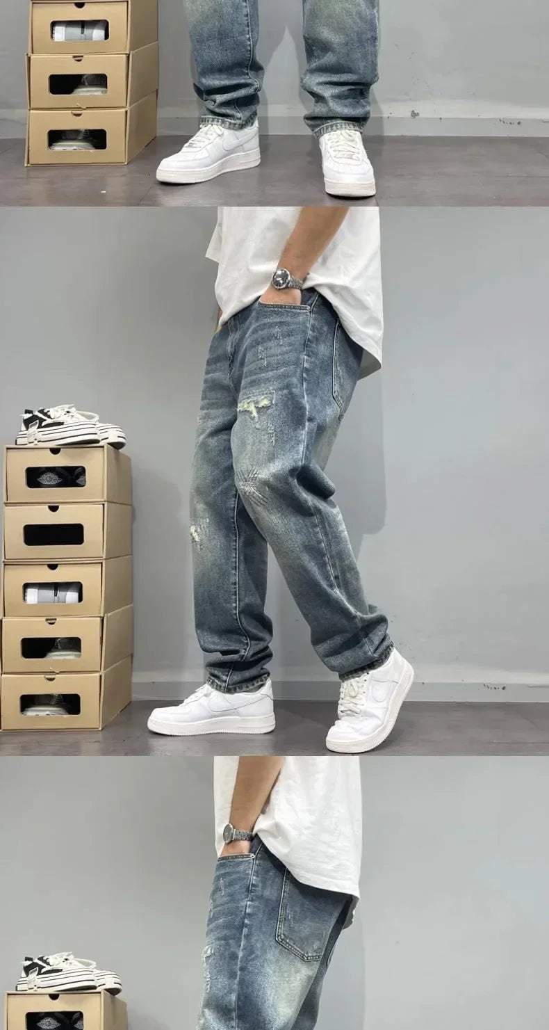 2025Heavy Duty Washed and Scraped Denim Men's Trendy High-end Embroidered Printed Loose Tapered Straight Leg Jeans