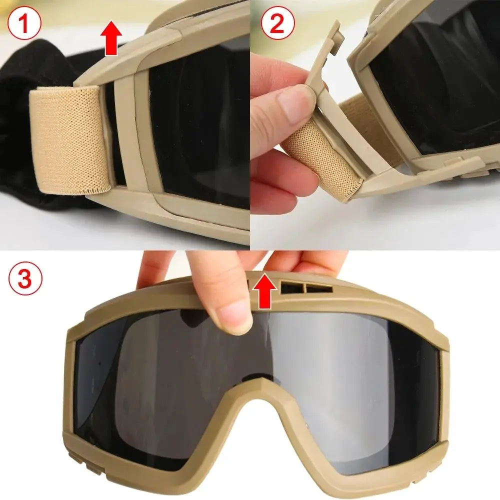 Tactical Goggles Mountaineering Shooting Sunglasses Windproof Sand Control Motocross CS Glasses 3 Lenses Replaceable Motorcycle by SouthValleyCertified