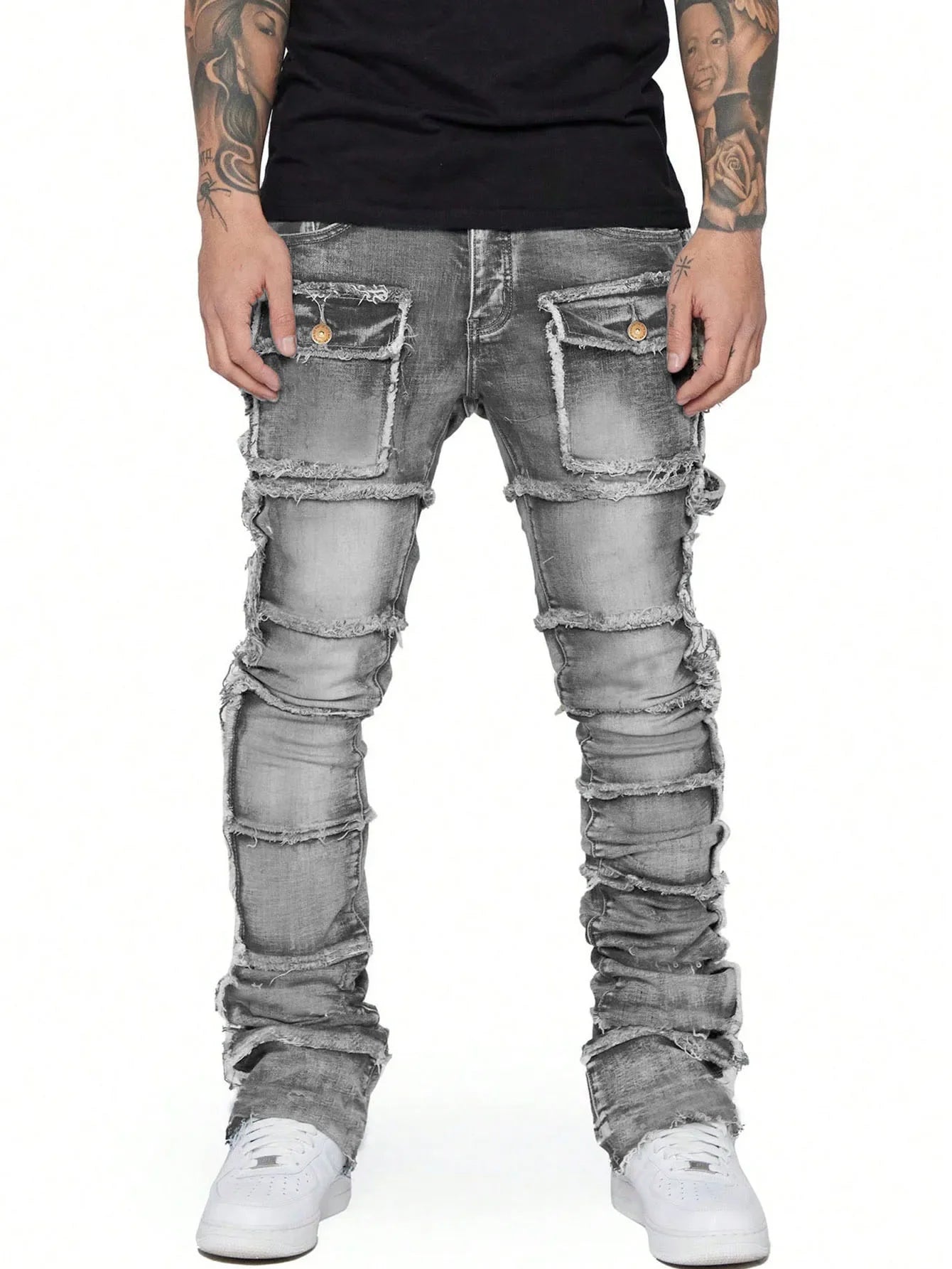 2025 New Trendy Men Jeans, European and American Fashionable Workwear with Patch, Elastic, Laminated and Slightly Flared Men Den