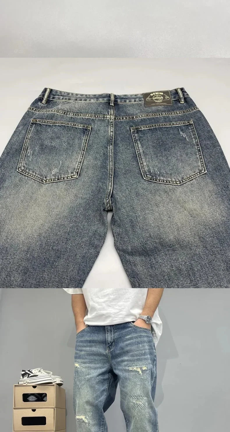 2025Heavy Duty Washed and Scraped Denim Men's Trendy High-end Embroidered Printed Loose Tapered Straight Leg Jeans