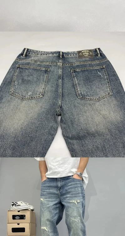 2025Heavy Duty Washed and Scraped Denim Men's Trendy High-end Embroidered Printed Loose Tapered Straight Leg Jeans