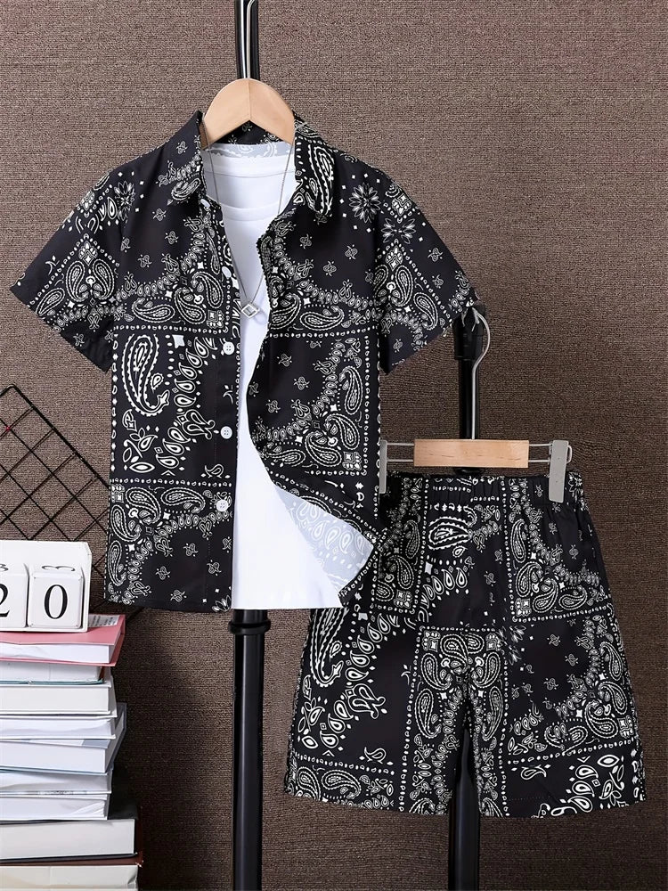 Men's Fashion Short-sleeved Shirt Set, Retro Black Pattern Printed Hawaiian Beach Vacation Style Men's Shirt Set
