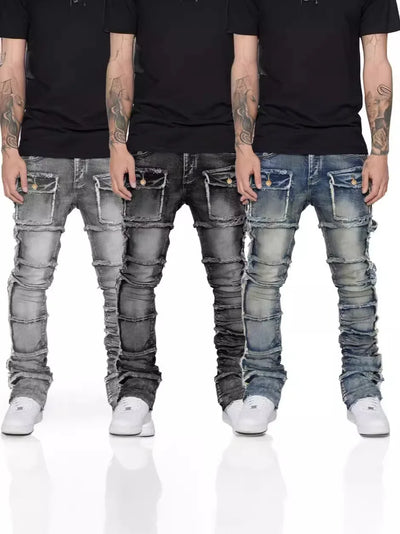 2025 New Trendy Men Jeans, European and American Fashionable Workwear with Patch, Elastic, Laminated and Slightly Flared Men Den