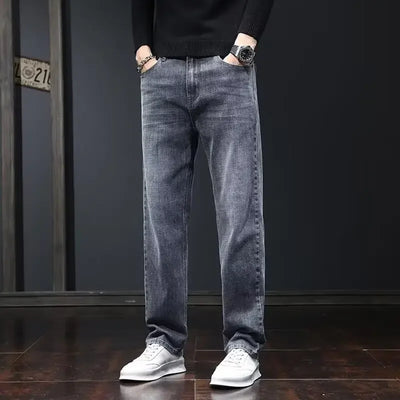 2025 New Men Fashion Loose Straight Elasticity Jeans Male Wear-resistant Slim Fit Denim Pants Smart Casual Dark Gray Trousers
