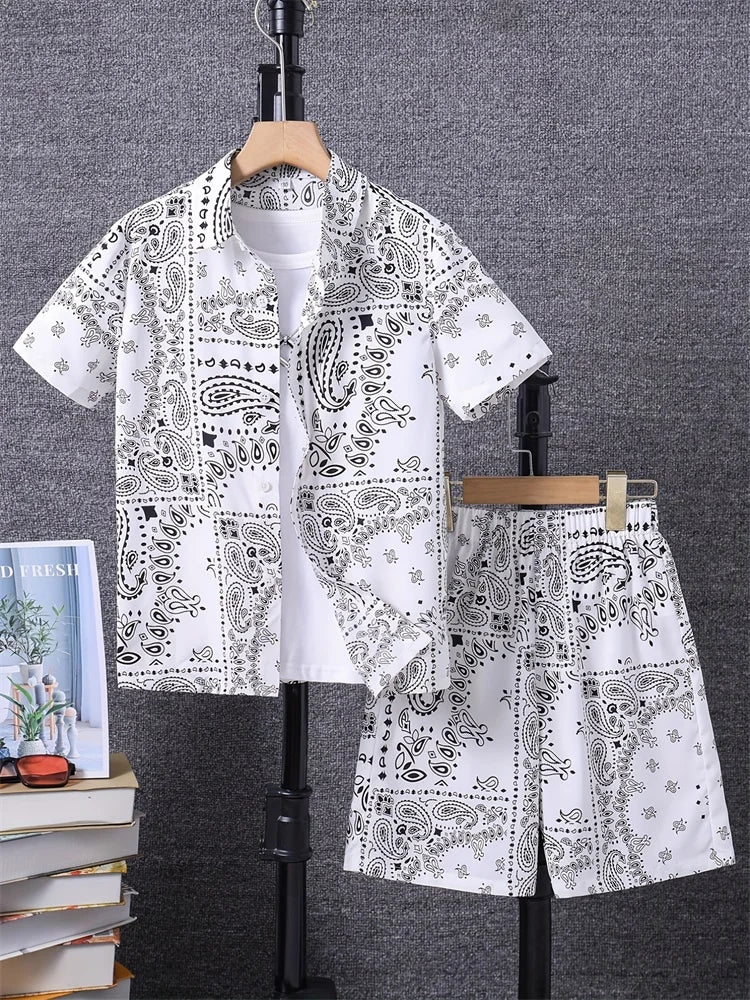 Men's Fashion Short-sleeved Shirt Set, Retro Black Pattern Printed Hawaiian Beach Vacation Style Men's Shirt Set