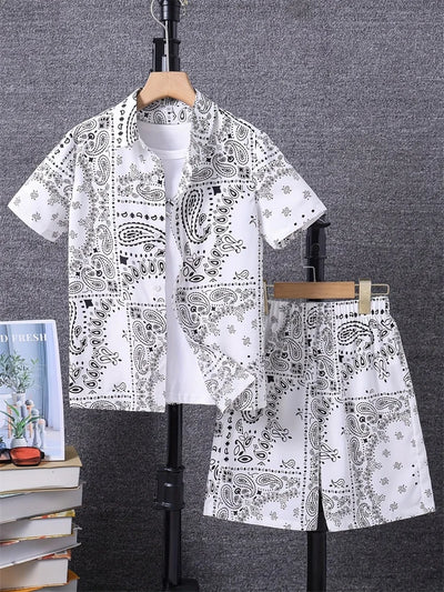 Men's Fashion Short-sleeved Shirt Set, Retro Black Pattern Printed Hawaiian Beach Vacation Style Men's Shirt Set