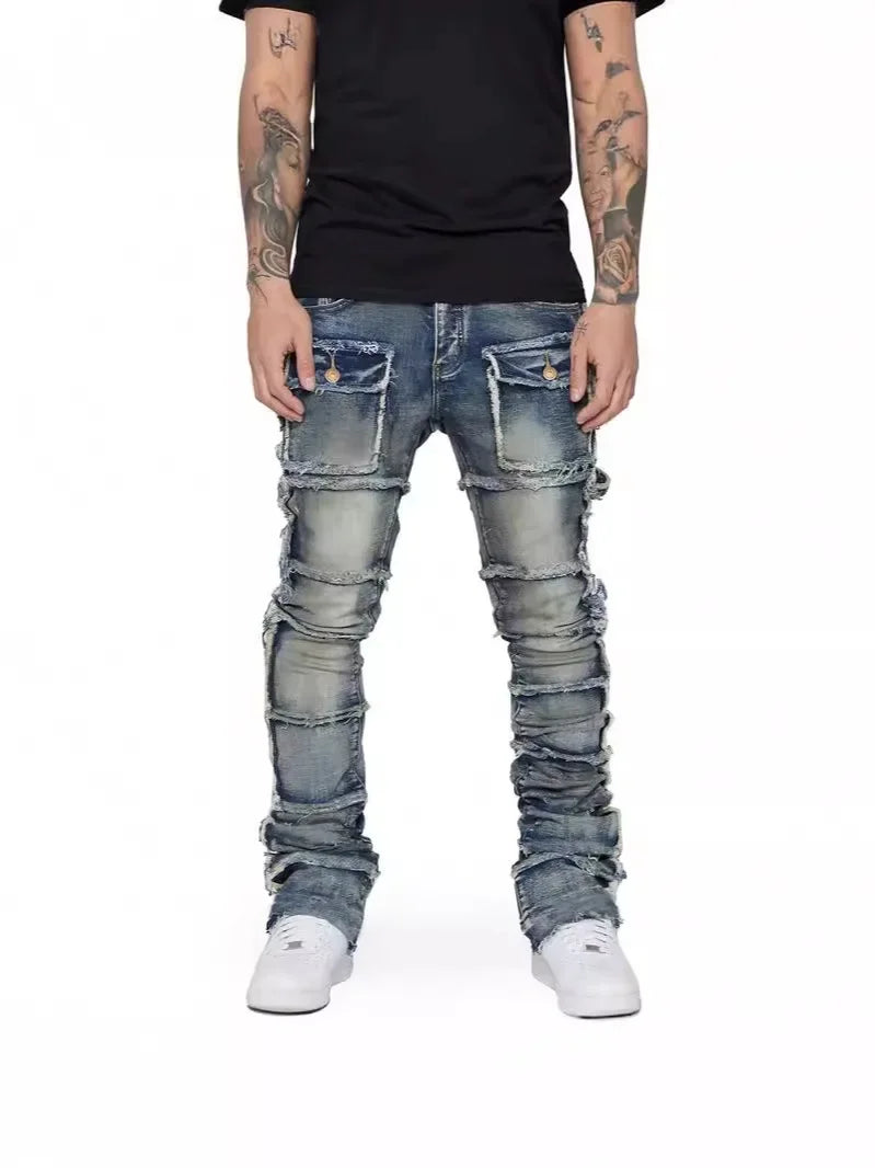 2025 New Trendy Men Jeans, European and American Fashionable Workwear with Patch, Elastic, Laminated and Slightly Flared Men Den