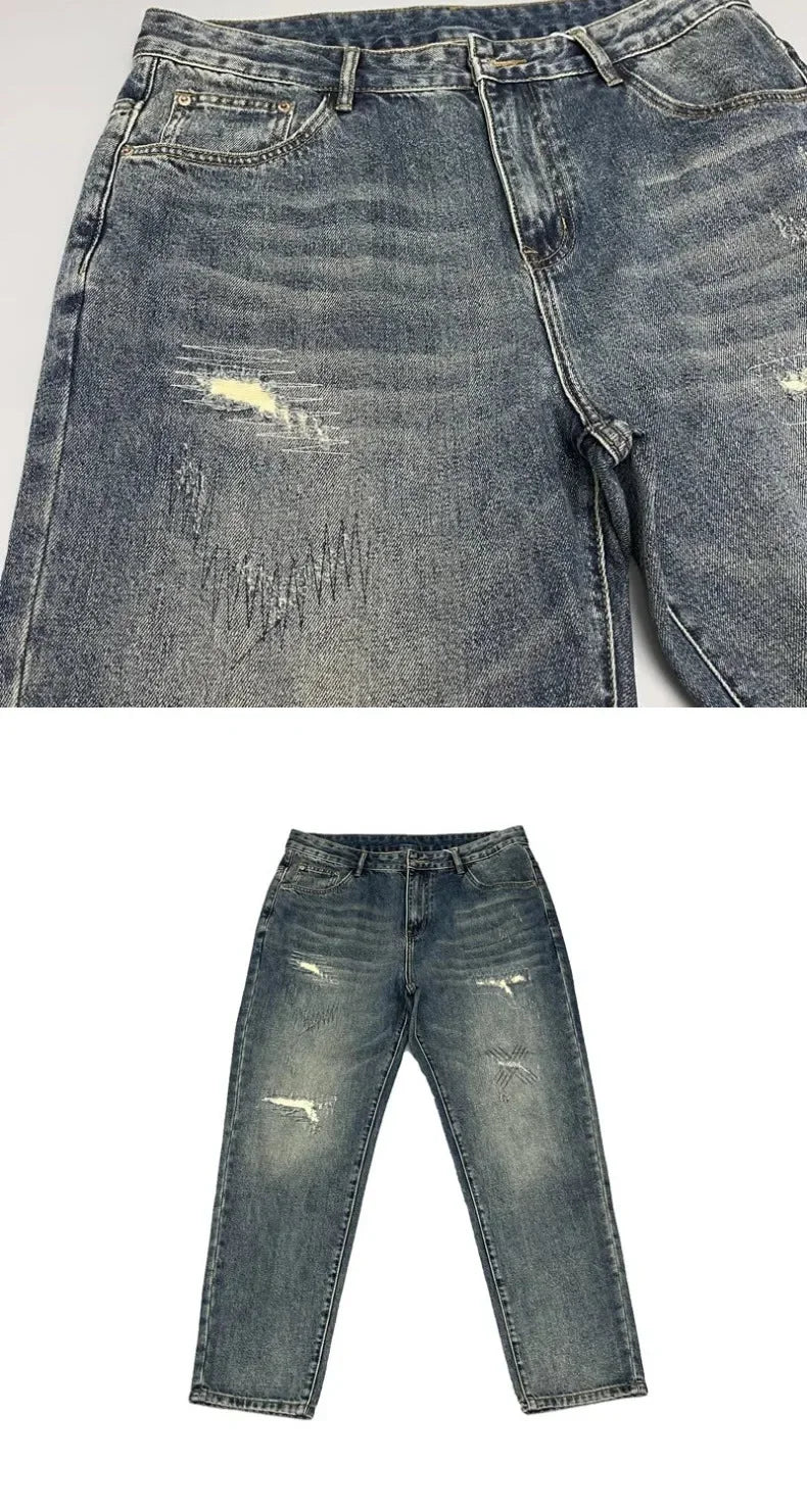 2025Heavy Duty Washed and Scraped Denim Men's Trendy High-end Embroidered Printed Loose Tapered Straight Leg Jeans