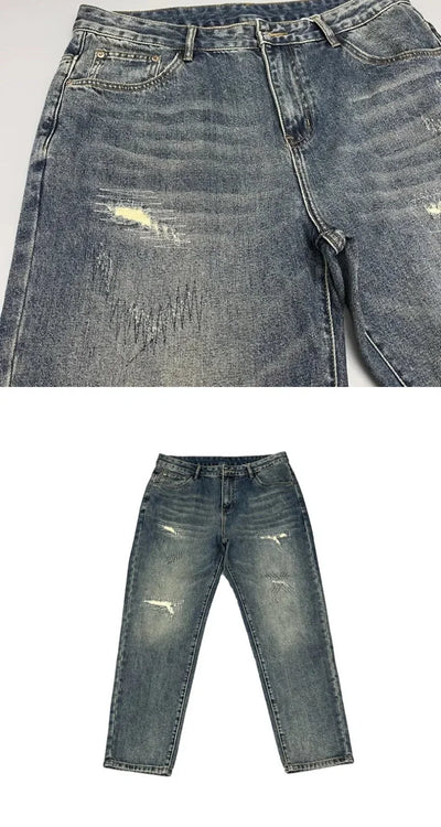 2025Heavy Duty Washed and Scraped Denim Men's Trendy High-end Embroidered Printed Loose Tapered Straight Leg Jeans