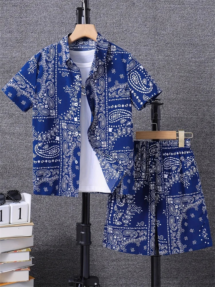 Men's Fashion Short-sleeved Shirt Set, Retro Black Pattern Printed Hawaiian Beach Vacation Style Men's Shirt Set