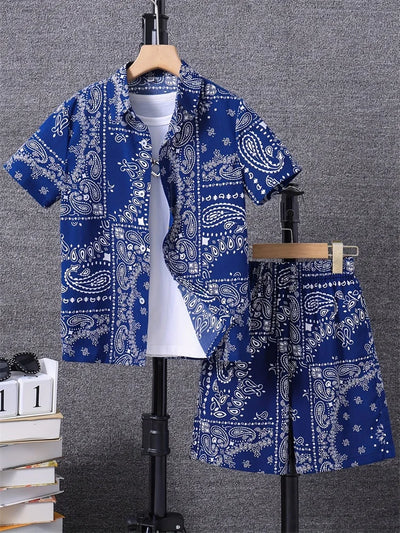 Men's Fashion Short-sleeved Shirt Set, Retro Black Pattern Printed Hawaiian Beach Vacation Style Men's Shirt Set