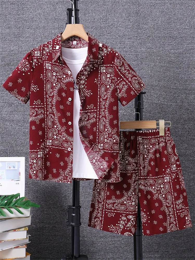 Men's Fashion Short-sleeved Shirt Set, Retro Black Pattern Printed Hawaiian Beach Vacation Style Men's Shirt Set