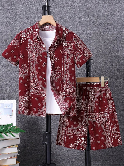 Men's Fashion Short-sleeved Shirt Set, Retro Black Pattern Printed Hawaiian Beach Vacation Style Men's Shirt Set