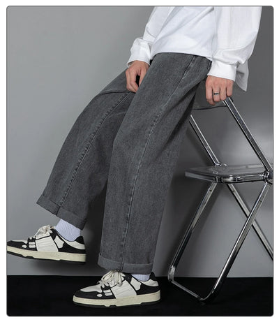 2025 New Korean Men's Casual Long Jeans Classic Man Straight Denim Wide-leg Pants Solid Color Light Blue Grey Black