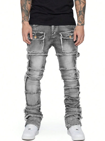 2025 New Trendy Men Jeans, European and American Fashionable Workwear with Patch, Elastic, Laminated and Slightly Flared Men Den