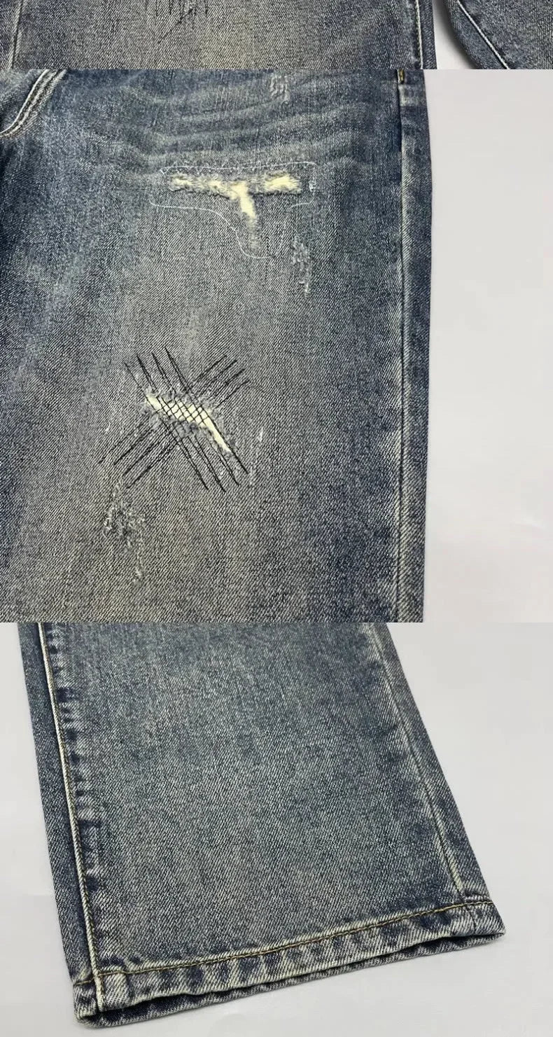 2025Heavy Duty Washed and Scraped Denim Men's Trendy High-end Embroidered Printed Loose Tapered Straight Leg Jeans