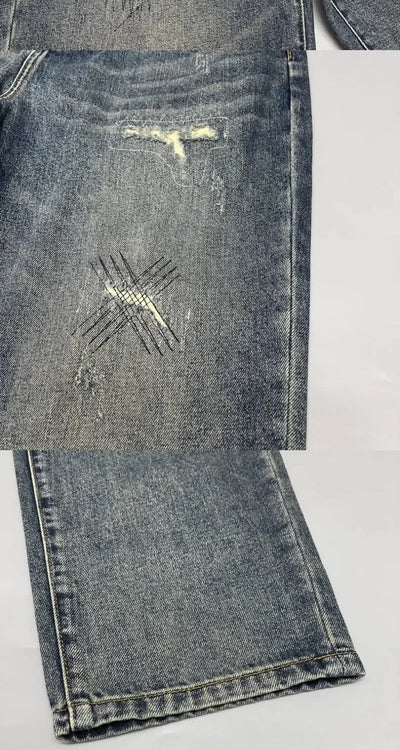 2025Heavy Duty Washed and Scraped Denim Men's Trendy High-end Embroidered Printed Loose Tapered Straight Leg Jeans