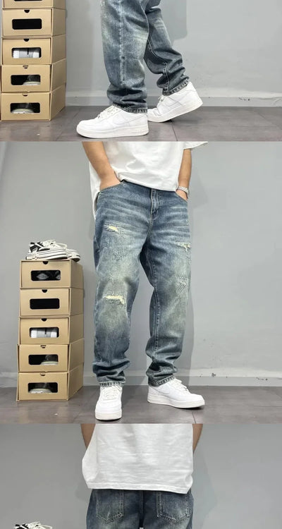 2025Heavy Duty Washed and Scraped Denim Men's Trendy High-end Embroidered Printed Loose Tapered Straight Leg Jeans