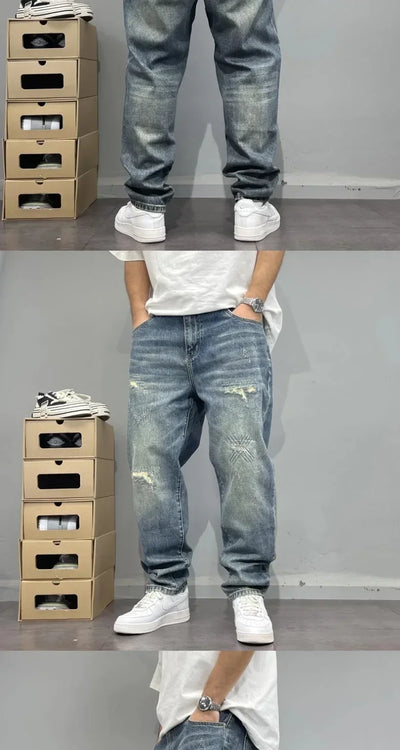 2025Heavy Duty Washed and Scraped Denim Men's Trendy High-end Embroidered Printed Loose Tapered Straight Leg Jeans