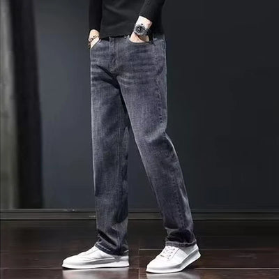 2025 New Men Fashion Loose Straight Elasticity Jeans Male Wear-resistant Slim Fit Denim Pants Smart Casual Dark Gray Trousers