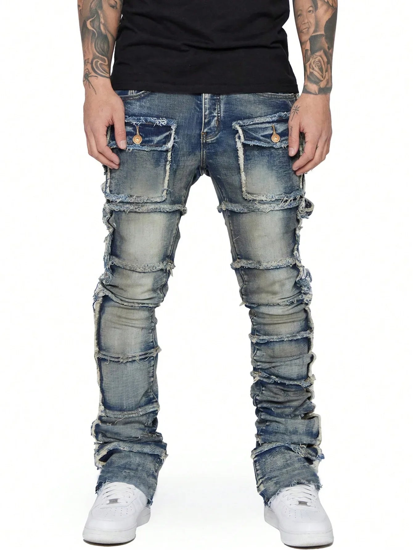 2025 New Trendy Men Jeans, European and American Fashionable Workwear with Patch, Elastic, Laminated and Slightly Flared Men Den