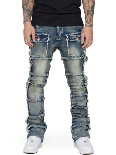 2025 New Trendy Men Jeans, European and American Fashionable Workwear with Patch, Elastic, Laminated and Slightly Flared Men Den