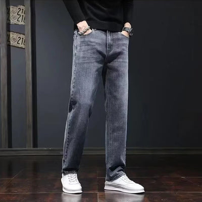 2025 New Men Fashion Loose Straight Elasticity Jeans Male Wear-resistant Slim Fit Denim Pants Smart Casual Dark Gray Trousers