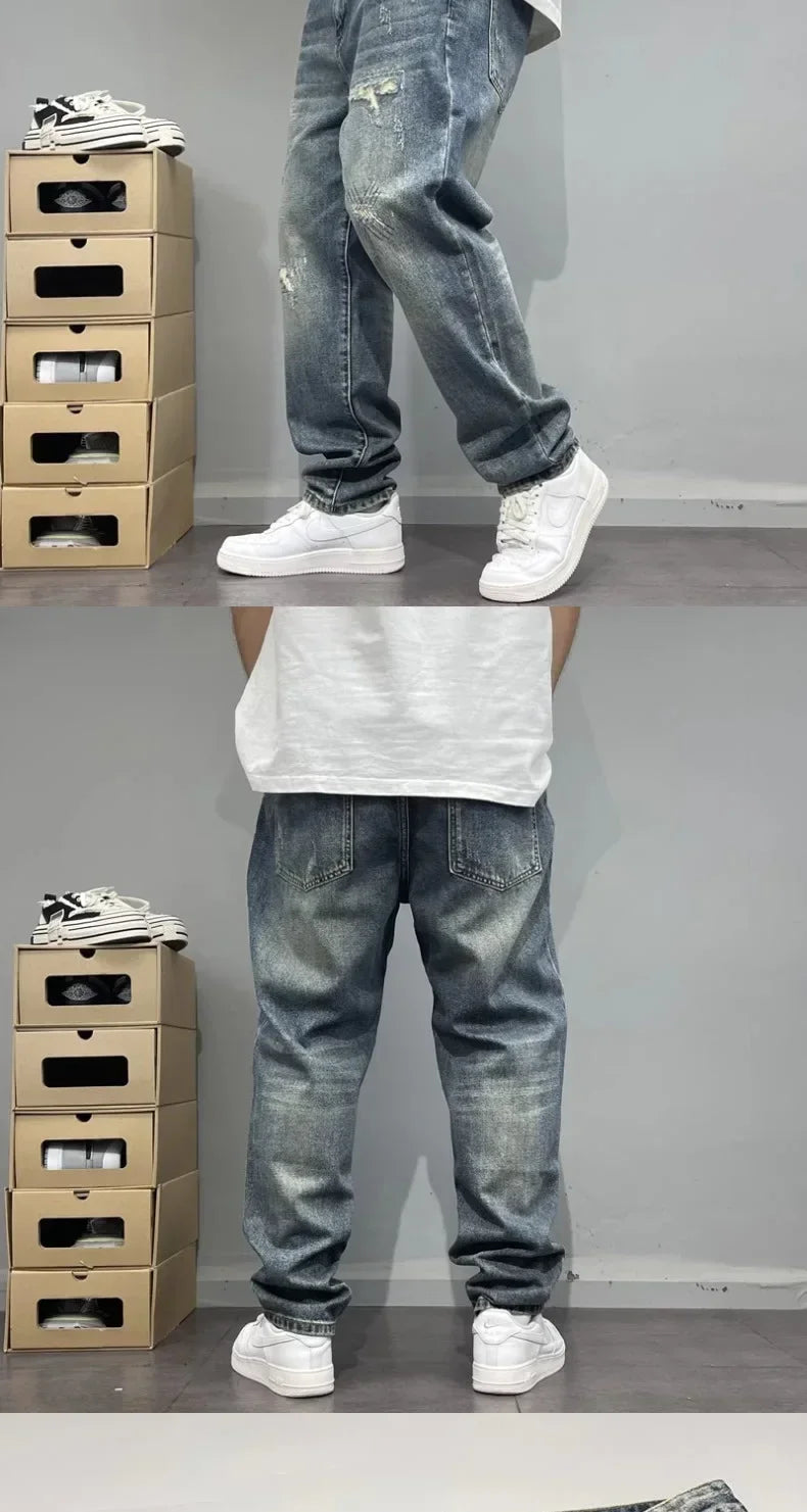 2025Heavy Duty Washed and Scraped Denim Men's Trendy High-end Embroidered Printed Loose Tapered Straight Leg Jeans