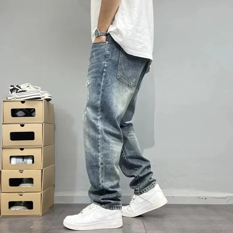 2025Heavy Duty Washed and Scraped Denim Men's Trendy High-end Embroidered Printed Loose Tapered Straight Leg Jeans