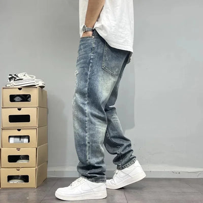 2025Heavy Duty Washed and Scraped Denim Men's Trendy High-end Embroidered Printed Loose Tapered Straight Leg Jeans