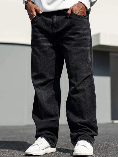 Men's Classic Straight-Leg Jeans - Cotton Blend, Dark Blue Denim, Non-Stretch, All-Season Wear, Comfort Fit with Slant Pockets