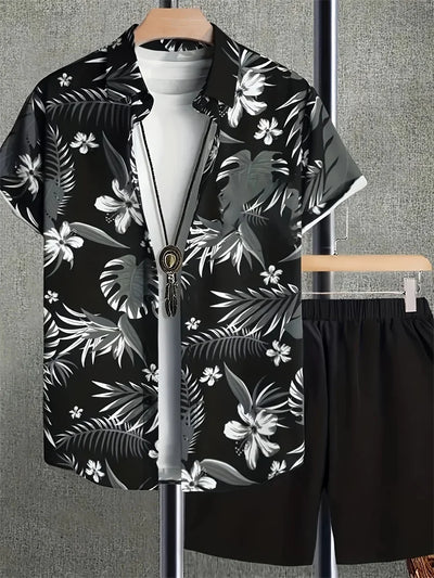 Men's Fashion Short-sleeved Shirt Set, Retro Black Pattern Printed Hawaiian Beach Vacation Style Men's Shirt Set